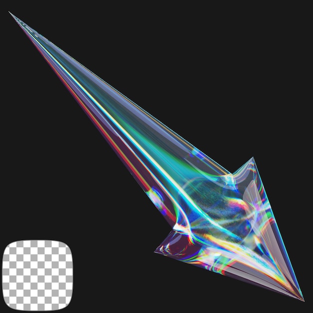 Y2K Dispersive Glass Arrow Rendering 3D su sfondo trasparente