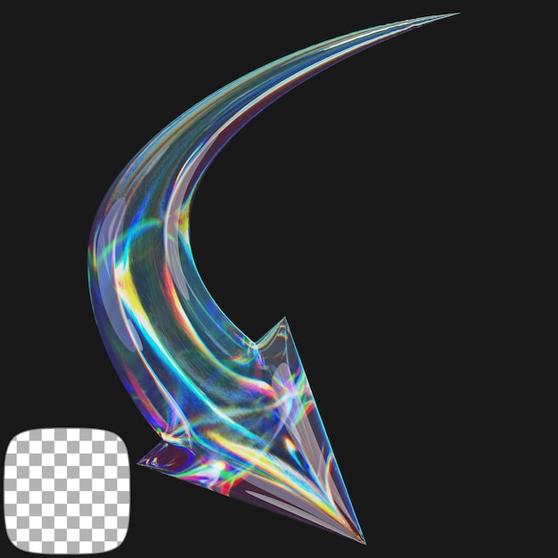 Y2K Dispersive Glass Arrow Rendering 3D su sfondo trasparente