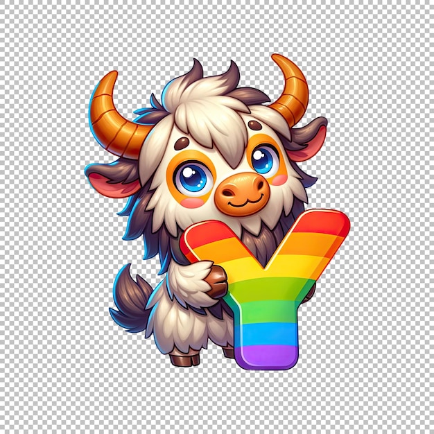 Yak con la letra arco iris y ilustración de vida silvestre de fantasía adorable