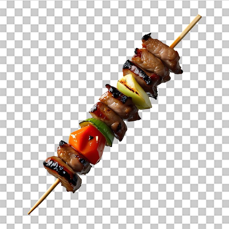 PSD yakitori skewer a la parrilla con carne y verduras jugosas en un fondo transparente