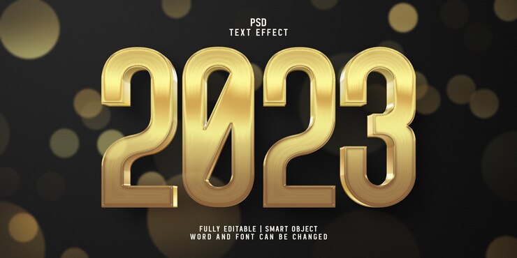 PSD year 2023 luxury gold 3d editable text effect template