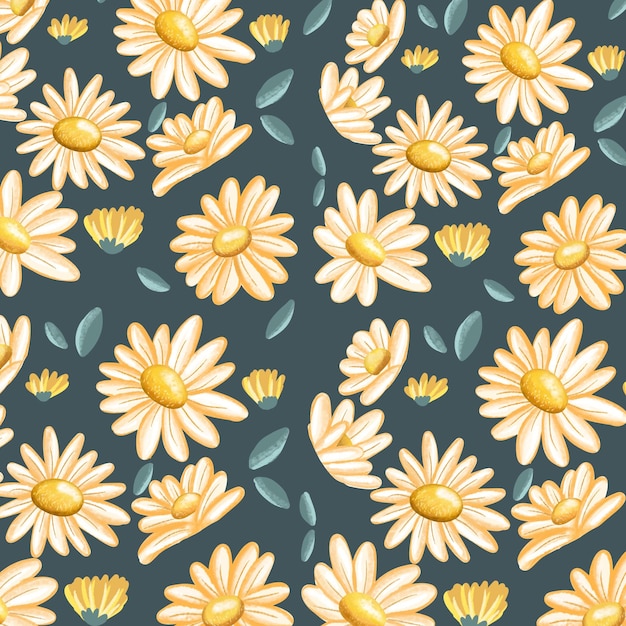 yellow daisy flower seamless pattern with variations of shapes and additional leaves in it