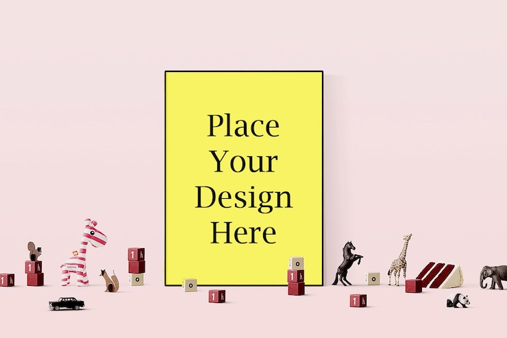 PSD yellow poster mockup psd with playful kids room decor and toys