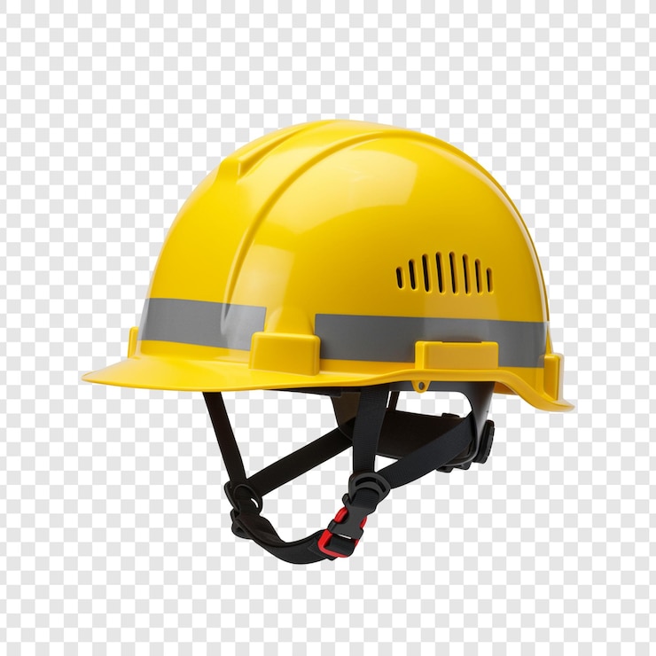 PSD yellow safety helmet for construction and industrial work on transparent background