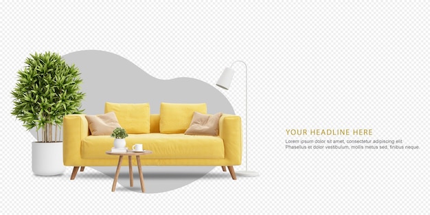 Yellow sofa and plant in 3d rendering