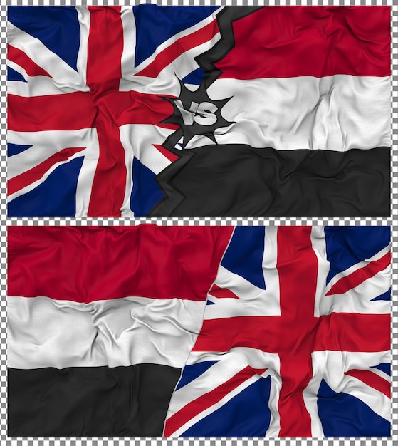 Yemen contra el Reino Unido Media bandera combinada Tejido Bump Textura Renderizado en 3D