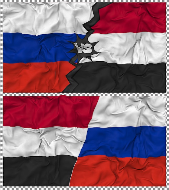 Yemen contra Rusia Media bandera combinada con textura 3D de la tela de la bandera