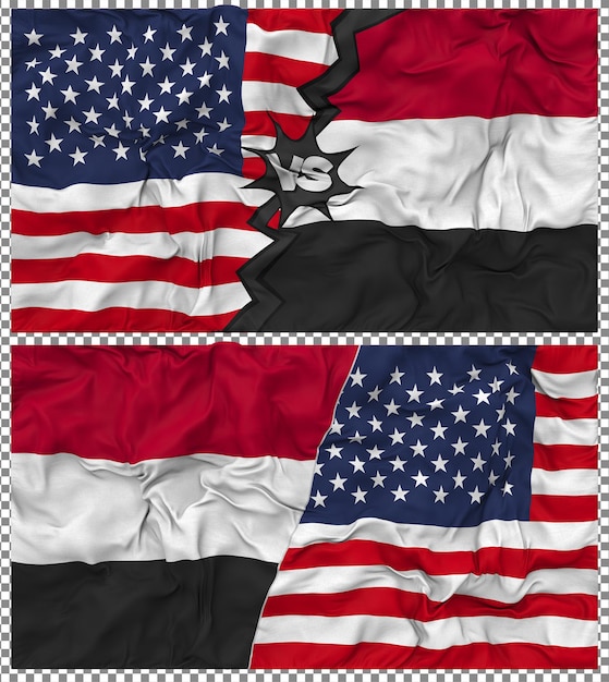 Yemen vs Estados Unidos Media bandera combinada tela textura de golpe relación bilateral renderización en 3D