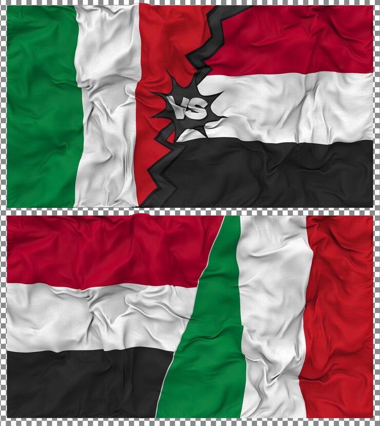 PSD yemen vs italy half combined flag cloth bump texture 3d rendering