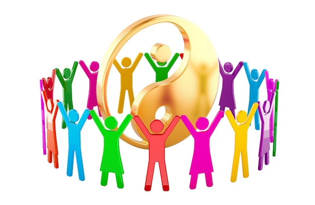 Yin- und Yang-Symbol im Zentrum der Menschen-Gemeinschaft 3D-Rendering isoliert auf transparentem Hintergrund