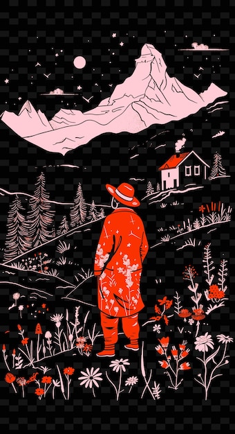 PSD yodler in einer schweizer alpenwiese mit wildblumen und chalet-illustration musikposter-designs