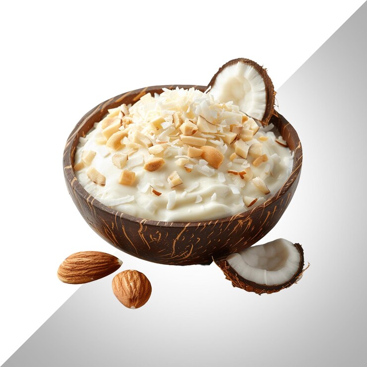 PSD yoghurt de almendra y coco con virutas de coco aisladas sobre un fondo transparente