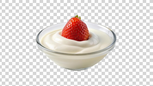 PSD yoghurt con fresa en un cuenco de vidrio aislado sobre un fondo transparente