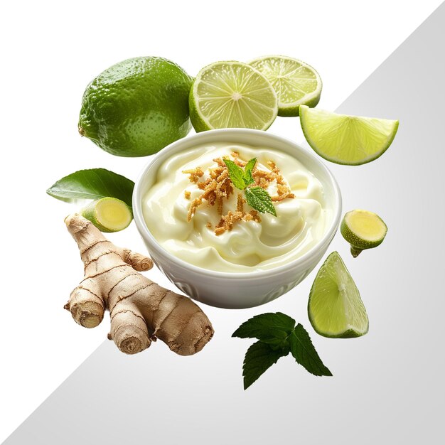 Yoghurt de jengibre y limón con cáscara de limón aislada en transparente