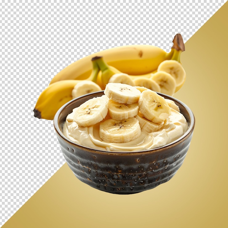 PSD yogourt à la banane dans un bol arrière-plan transparent png