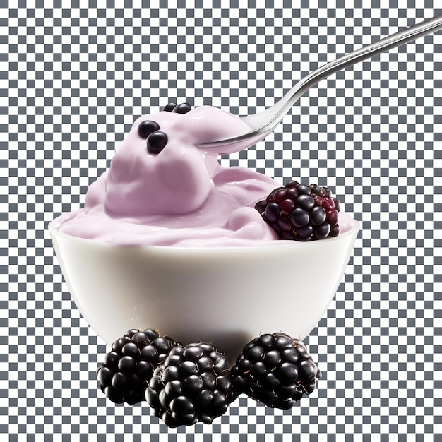 yogurt alla mora con frutti di bosco e ciotola per la pubblicità su sfondo trasparente