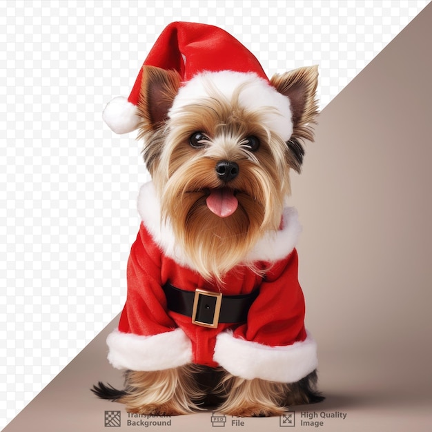 PSD yorkshire terrier disfrazado de papá noel sobre fondo transparente