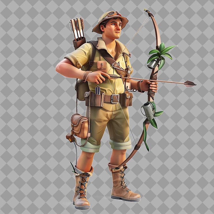 PSD young adult archer jungle explorer with agile form safari ou isolated 3d character illustration
