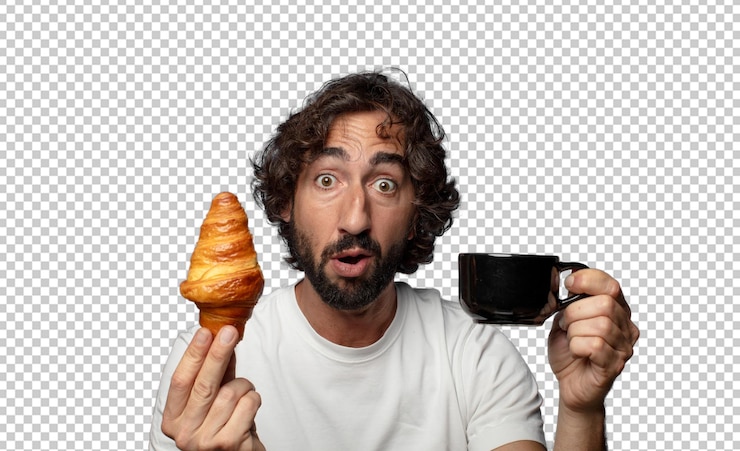 PSD young adult bearded man and a french breakfast