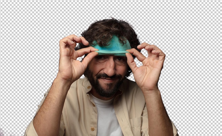 PSD young adult bearded man with a sleep mask