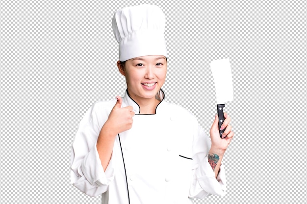 young adult pretty asian woman restaurant chef with a knife