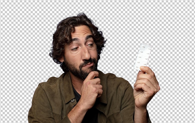 PSD young bearded ill man with pills tablet