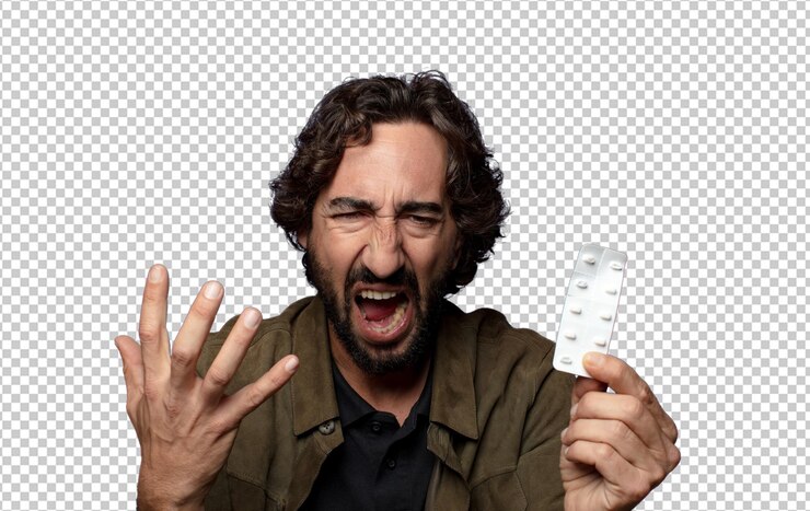 PSD young bearded ill man with pills tablet