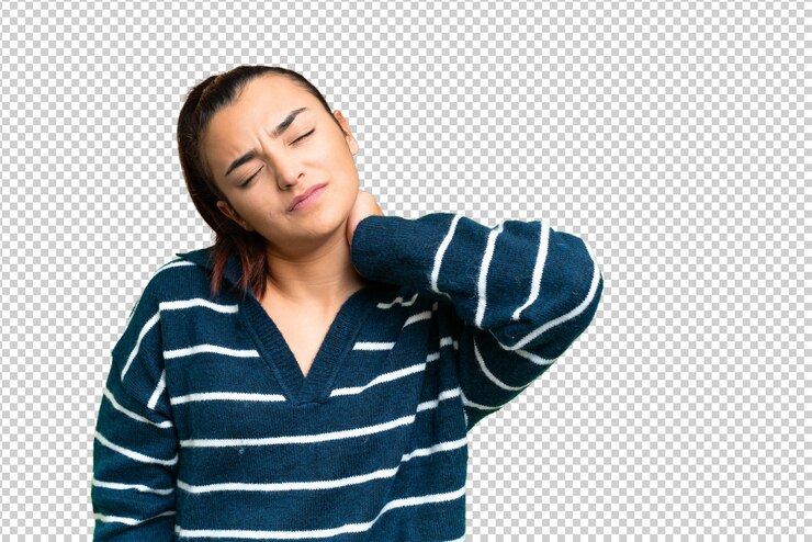 PSD young beauty woman over isolated chroma key background with neckache