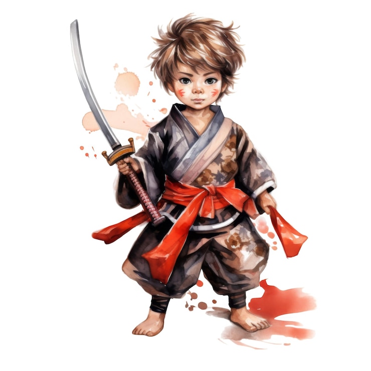 PSD young boy dressed as a samurai holding a sword