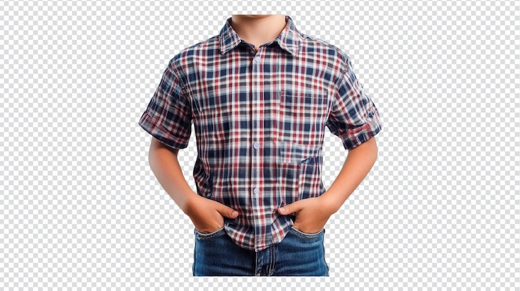 PSD young boy in a plaid shirt standing confidently with hands in pockets showcasing a casual outdoor style