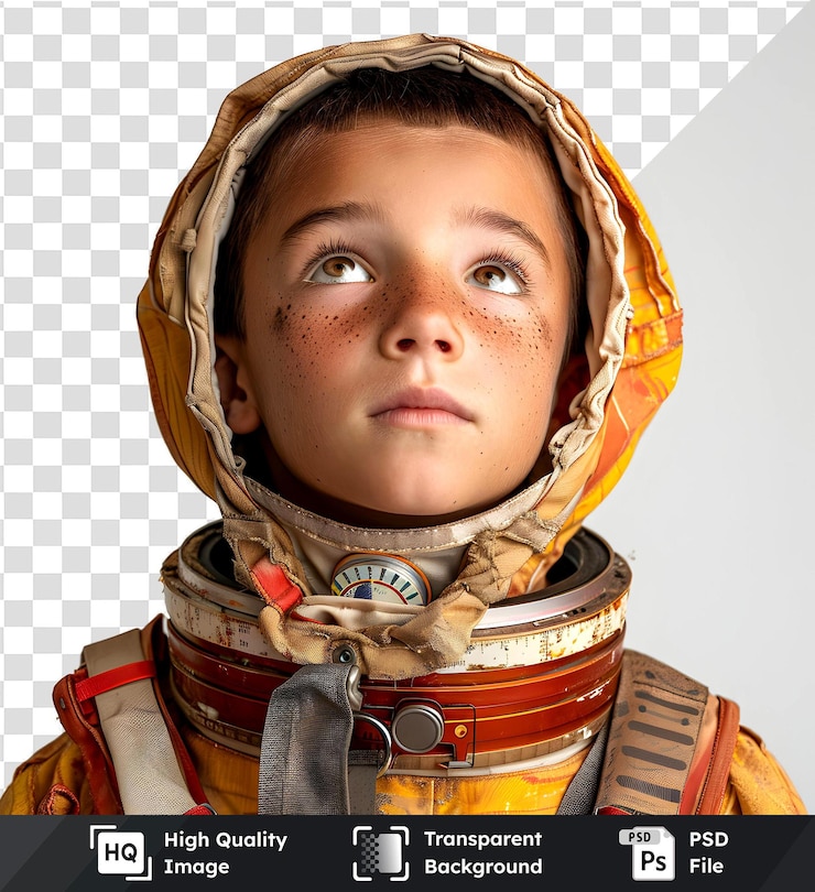 PSD young boy in astronaut suit looking up with transparent background
