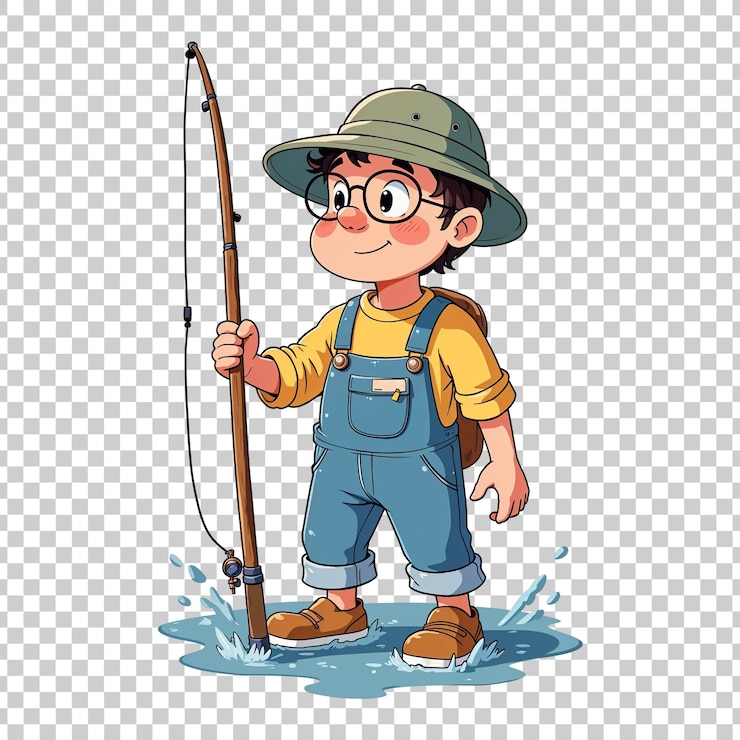 PSD young boy with fishing rod and hat standing in water on transparent background