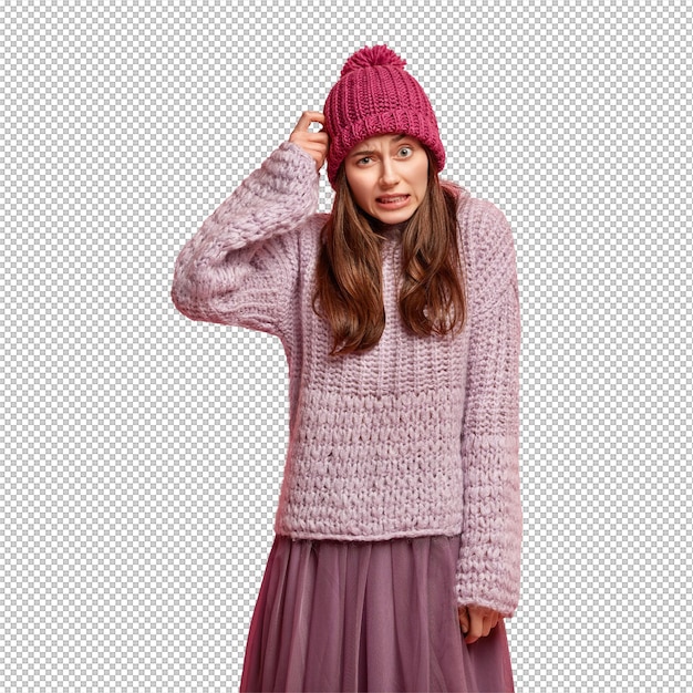 Young brunette woman wearing colorful winter clothes