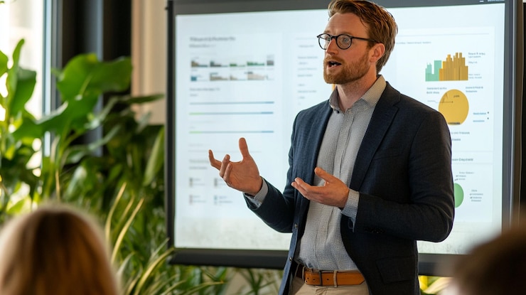 PSD young businessman giving presentation with data charts on screen to colleagues