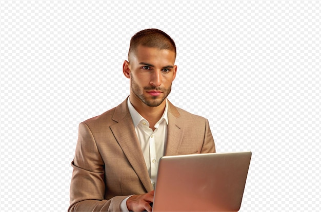 Young businessman short hair suit shirt using laptop professional focused expression