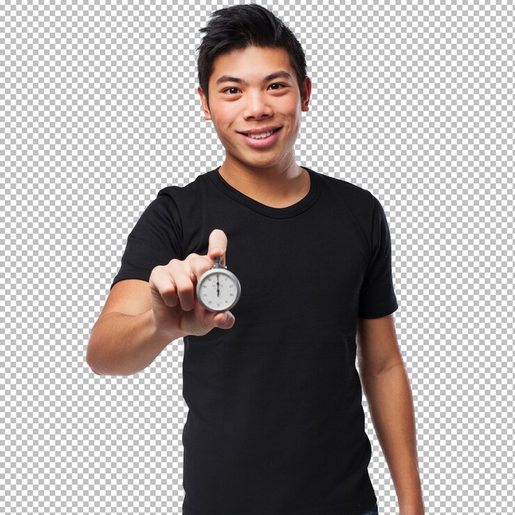 PSD young chinese man with a stopwatch