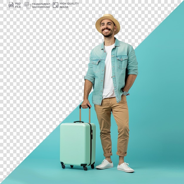 PSD young cool traveller man holding suitcase isolated on transparent