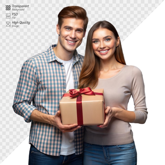 PSD young couple smiling and holding a gift box together