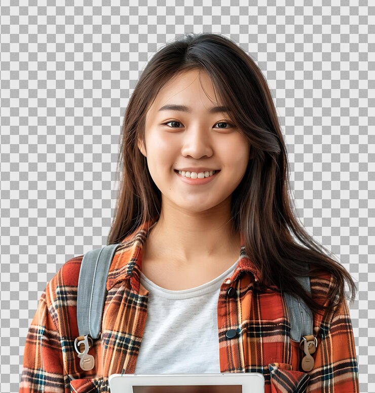 PSD young female college student holding digital tablet on a transparent background