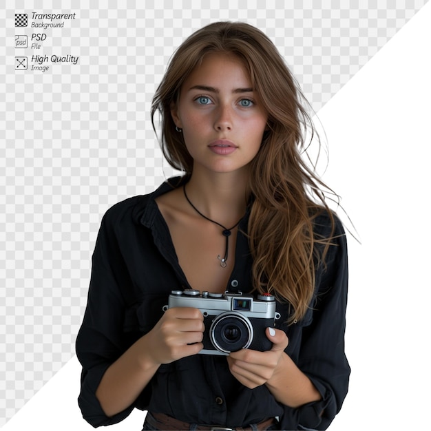 PSD young female photographer holding a vintage camera