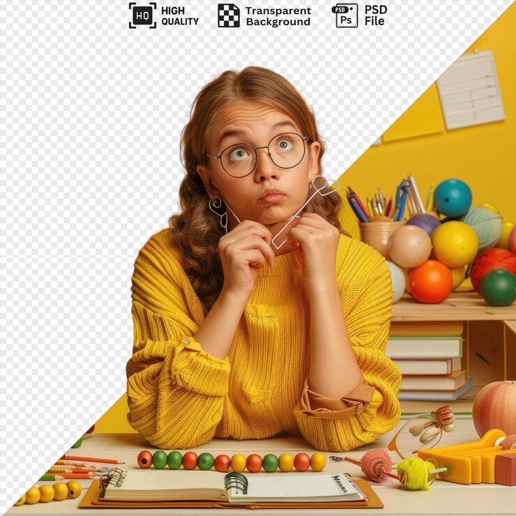 PSD young female teacher with glasses using abacus in a classroom with school tools and a yellow wall