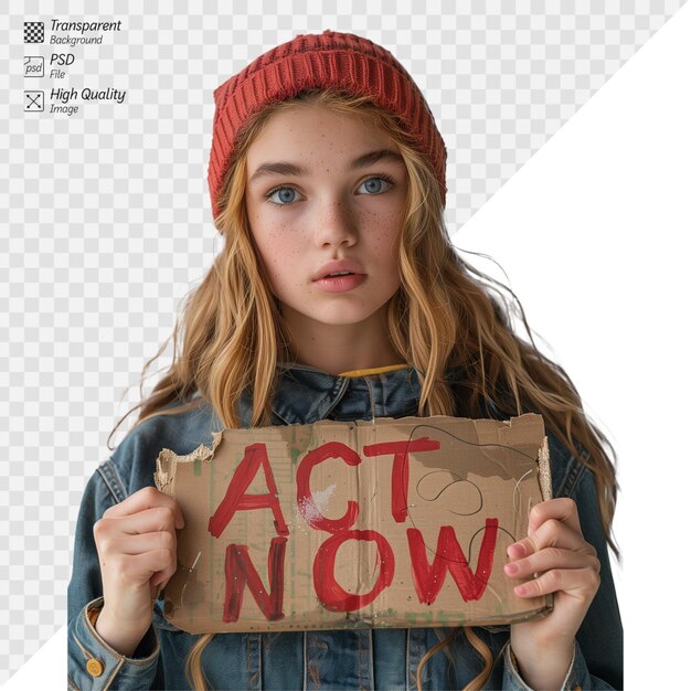 PSD young girl holding a sign that says act now with serious expression