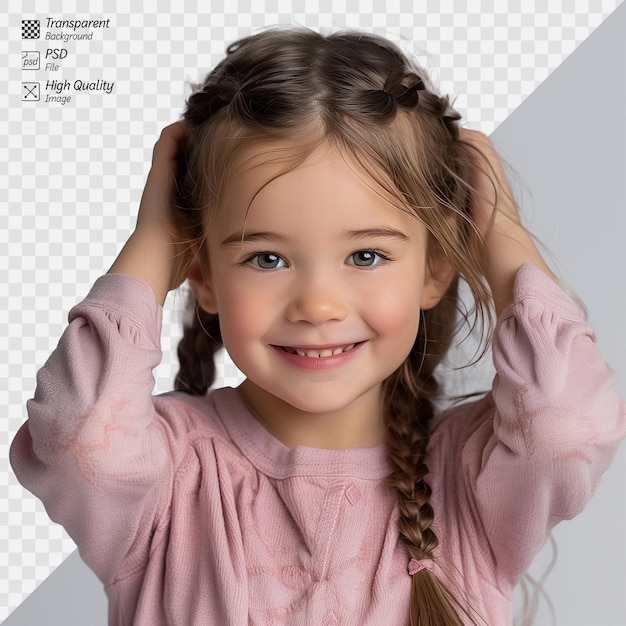 PSD young girl smiling with hands on head in pink dress