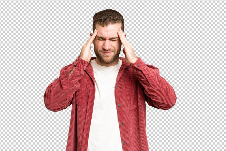 PSD young handsome blonde man over isolated chroma key background with headache