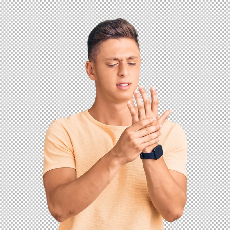 PSD young handsome man wearing casual clothes suffering pain on hands and fingers arthritis inflammation