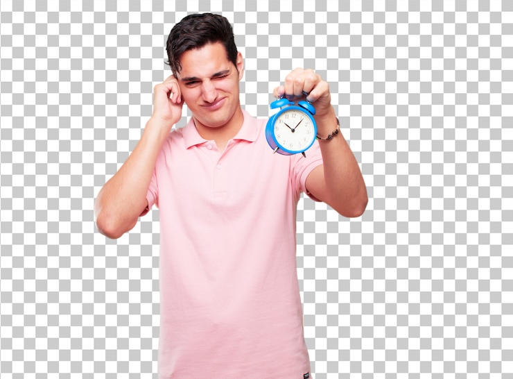 PSD young handsome tanned man with an alarm clock