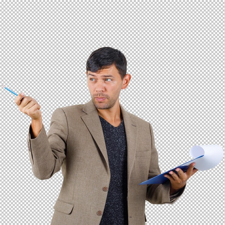 PSD young male in grayish brown jacket pointing away while holding notebook and looking concentrated front view