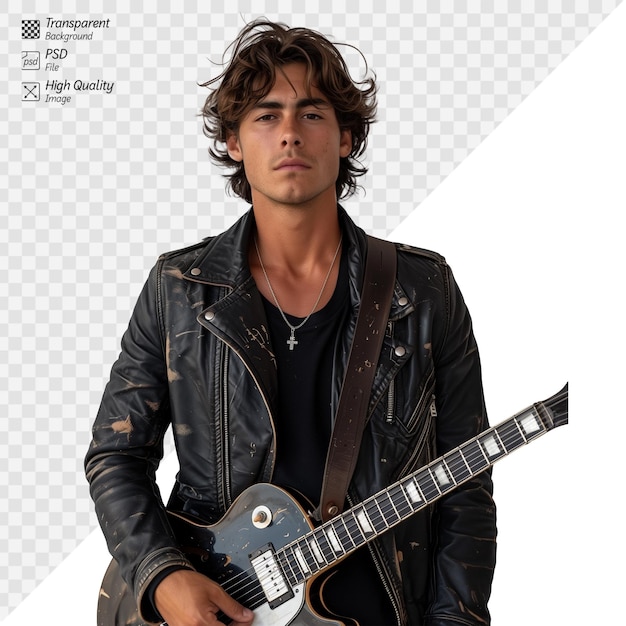 PSD young male musician with electric guitar in a leather jacket