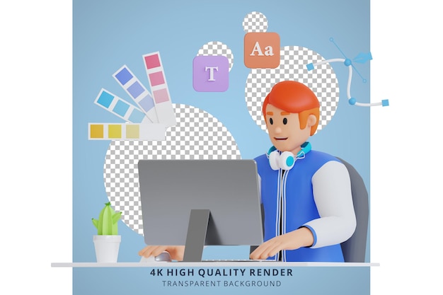 Young man choosing colors and fonts on computer 3d character illustration