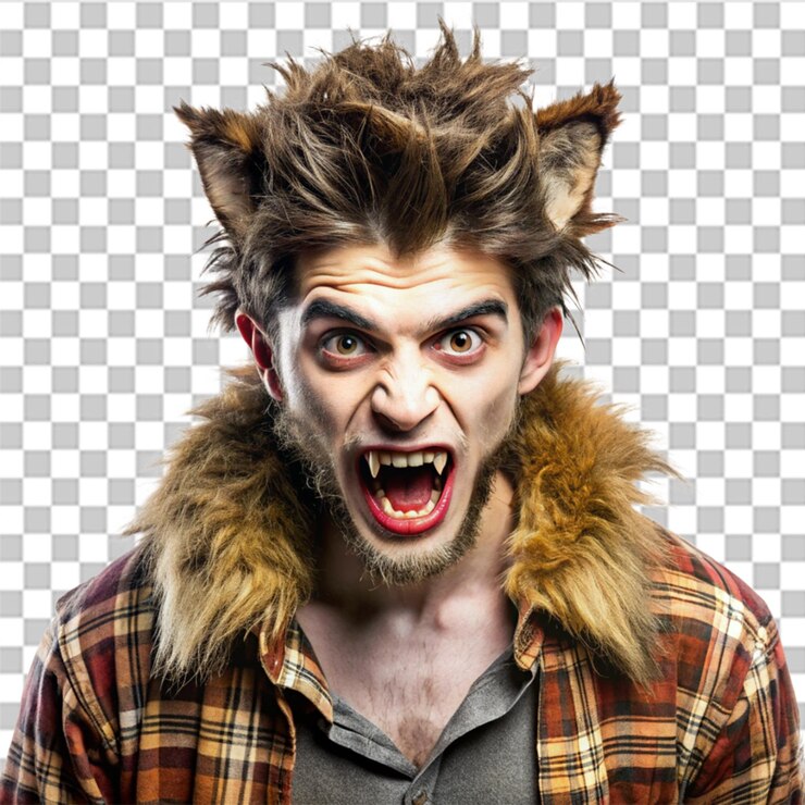 PSD young man dressed as a werewolf for halloween isolated on transparent background